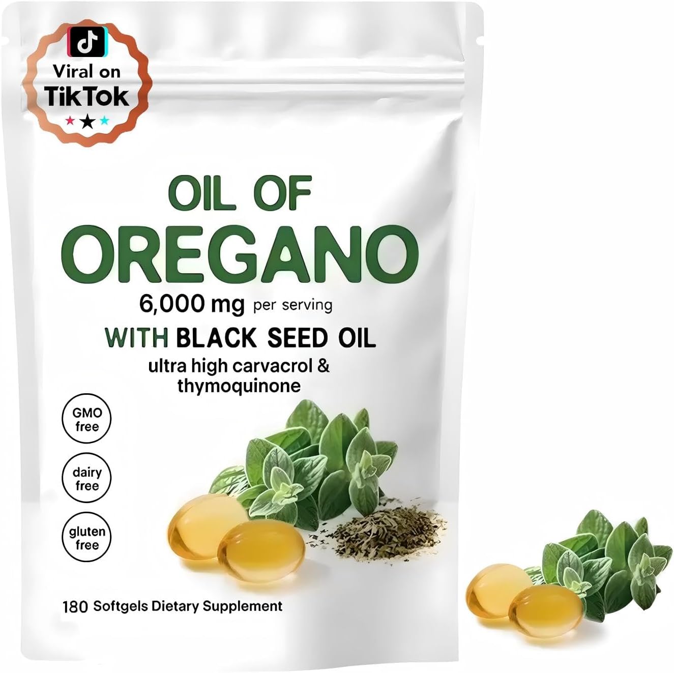 Oil of Oregano Softgels 6000mg Per Serving, 2 in 1 Formulated with Black Seed Oil 200mg, 4X Strength Carvacrol & Thymoquinone | Plant Based, Non-GMO & Immune Support (180 Count/1 Bag)