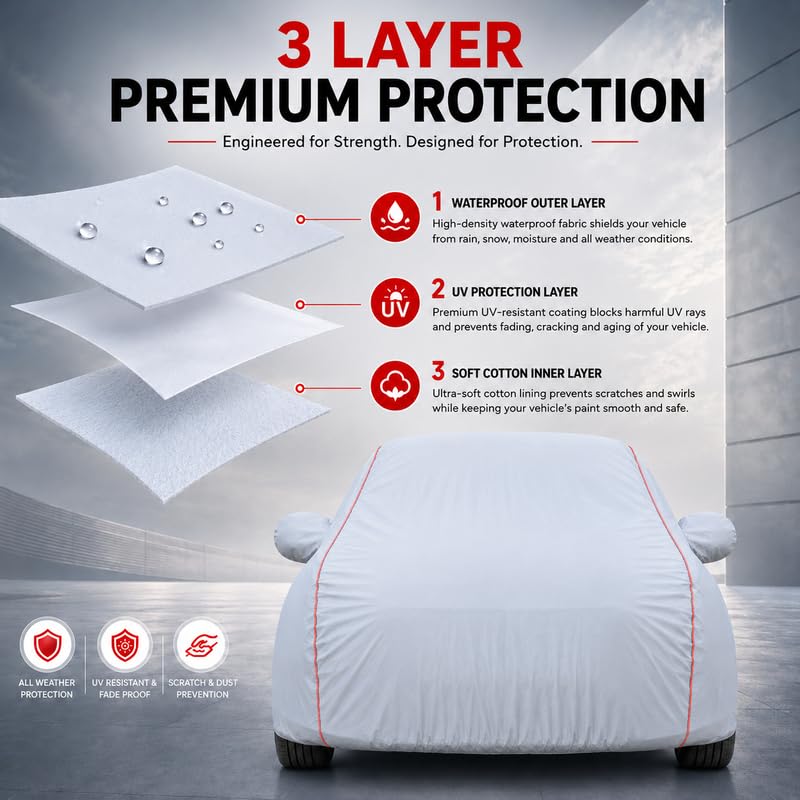 Image of Maruti WagonR Car Cover for LXi CNG, VXI, CNG & VXI ABS 2010-2018 Models 100% Waterproof, All Weather Protection, Mirror & Antenna Pocket, Soft Inner Lining, Triple Stitched (Dark Grey)
