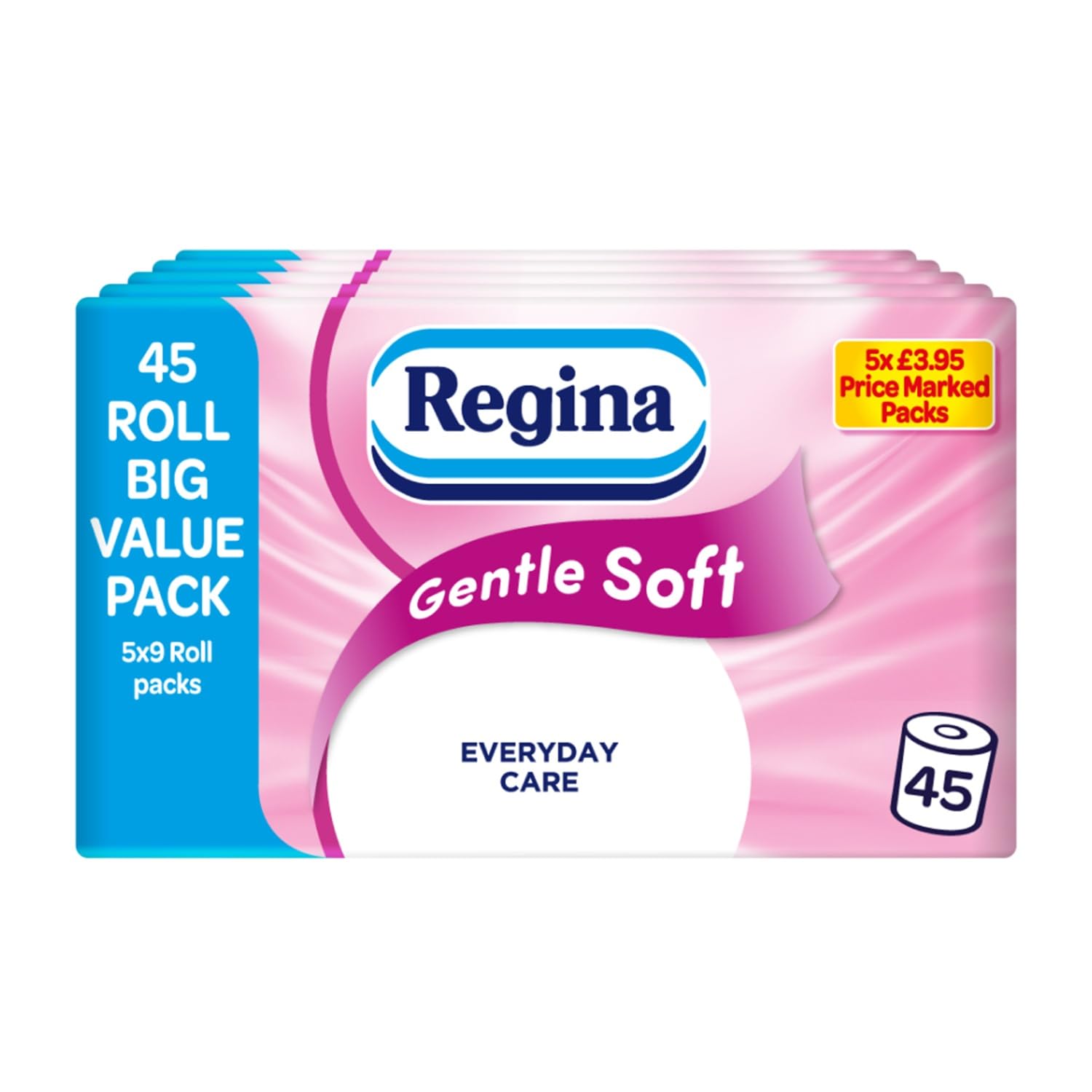 Regina Gentle Soft Toilet Tissue - 45 Rolls of 3 Ply Toilet Paper, 160 Sheets, Soft and Gentle, 30% PCR Plastic Packaging, FSC Certificated