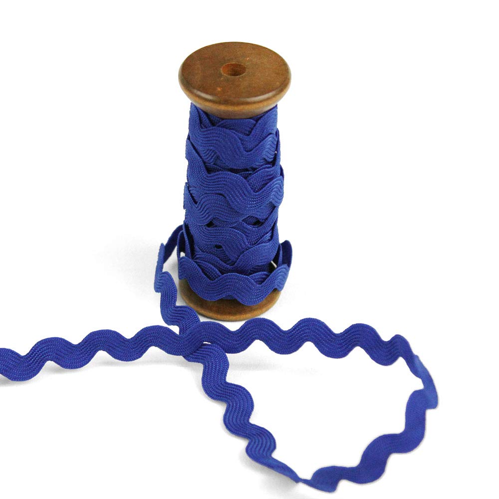 3 yards of polly 8mm rigid ric-rac trim on a wooden spool royal blue