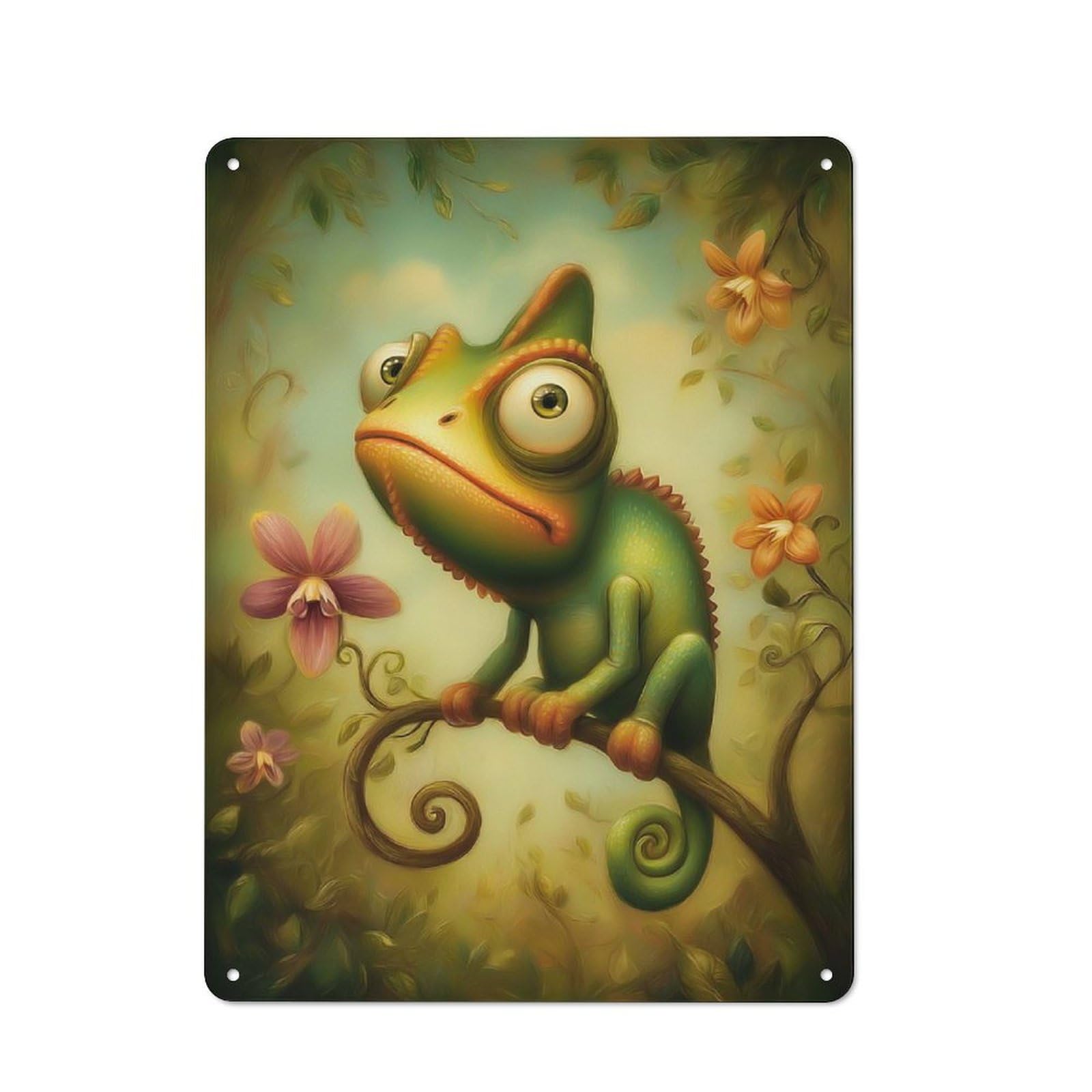 Junmoney Style-2 Modern Vintage Cartoon Chameleon On Branch With Flowers Office Metal Sign 40X30cm, Creative Space Decor For Home Office, Reading Corner Or Bedroom