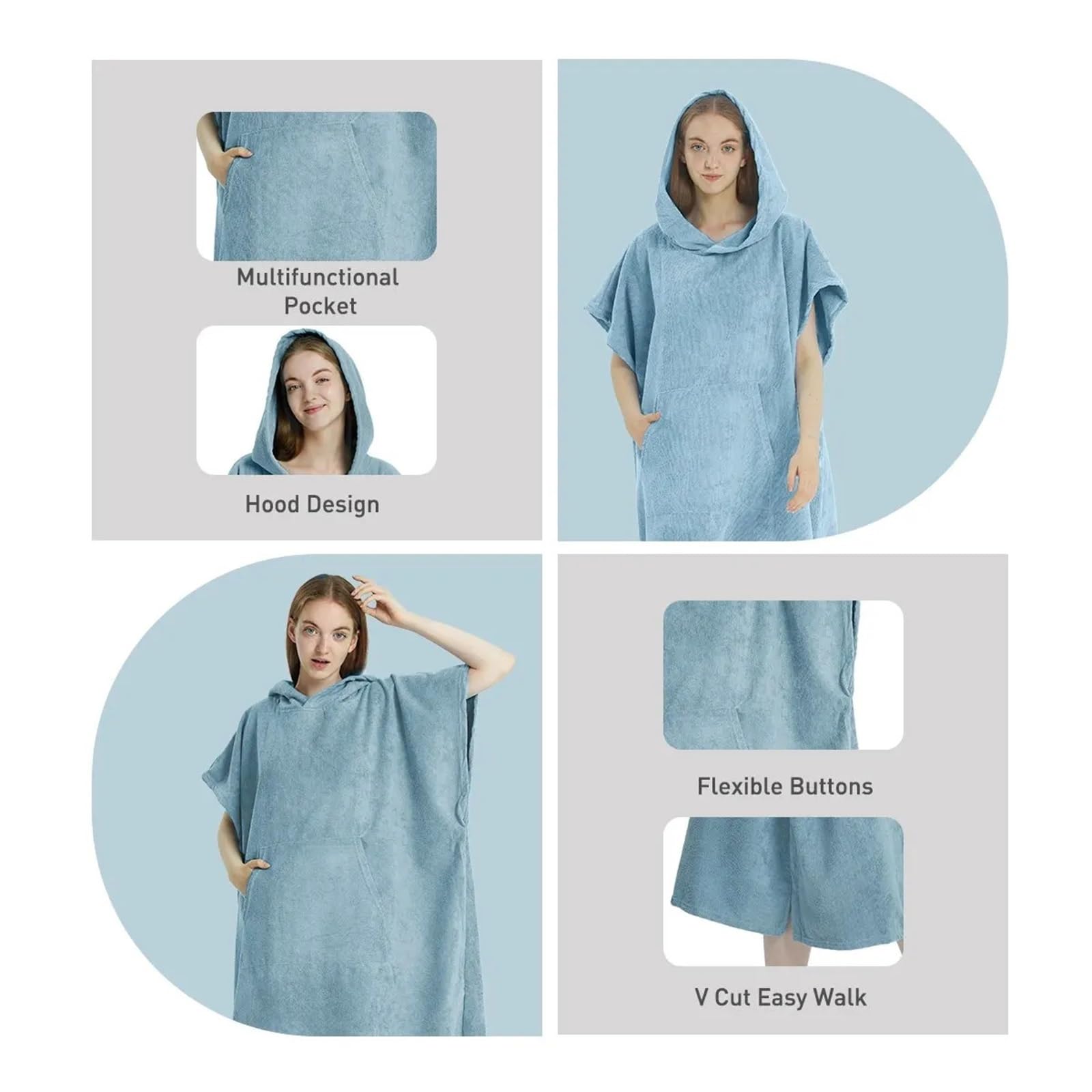 Poncho asciugamano da surf, ad asciugatura rapida, con cappuccio, accappatoio spiaggia in microfibra, poncho for cambiarsi, costume bagno for adulti Poncho da Spiaggia(Light Grey)