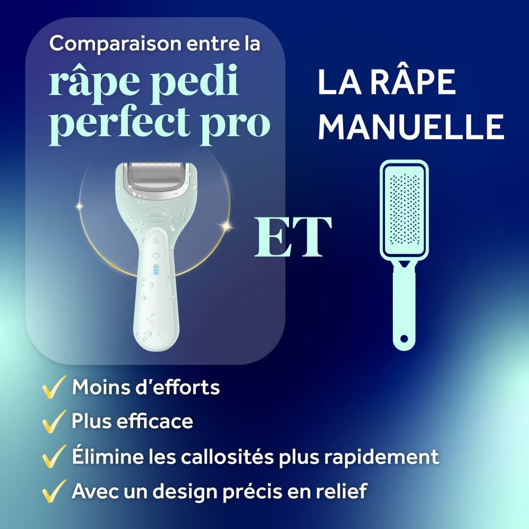 Dr. Scholl's Râpe électrique Pieds Pedi Perfect Pro avec 3 rouleaux Nano Tech - Élimine les callosités pour des pieds doux et beaux - Autonomie 90 minutes - Rechargeable et Etanche