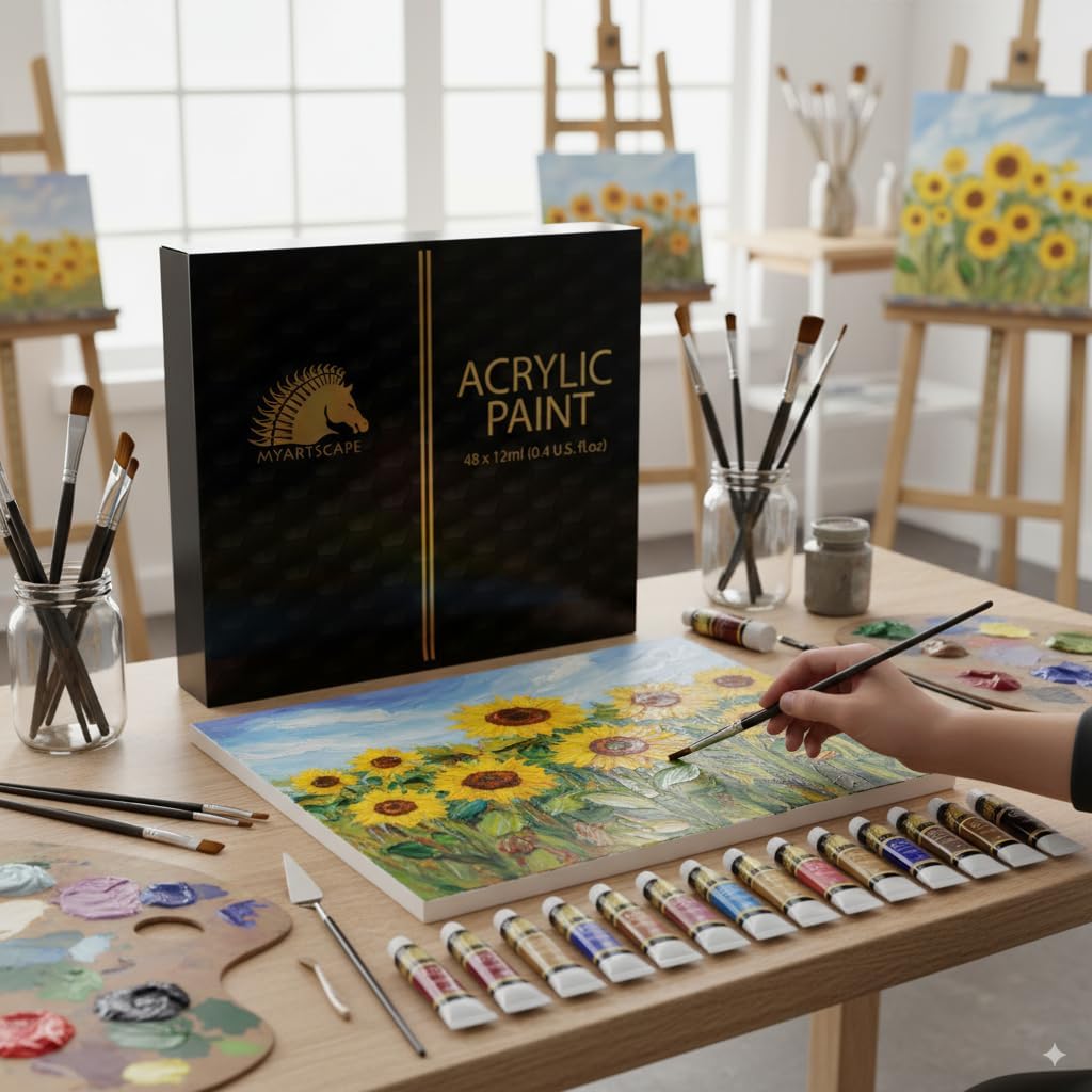 MyArtscape Acrylic Paint Set - 48 x 12ml Tubes - Lightfast - Heavy Body - Non Fading - Vibrant Colors - Artist Quality Painting Supplies - Professional Grade Paints