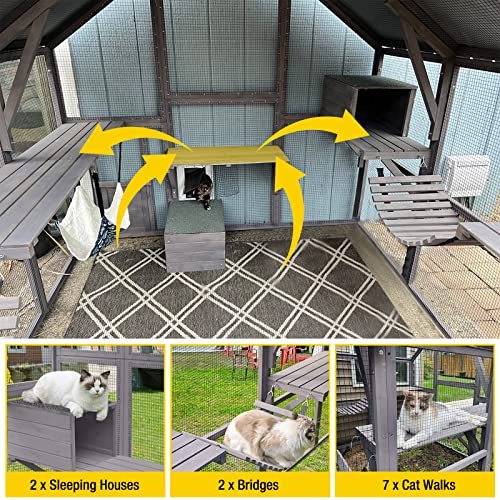 Image of Aivituvin Catio Outdoor Cat Enclosure Large Cat Run with Bridges, Walks, Small Houses, Roof Cover 110 inch