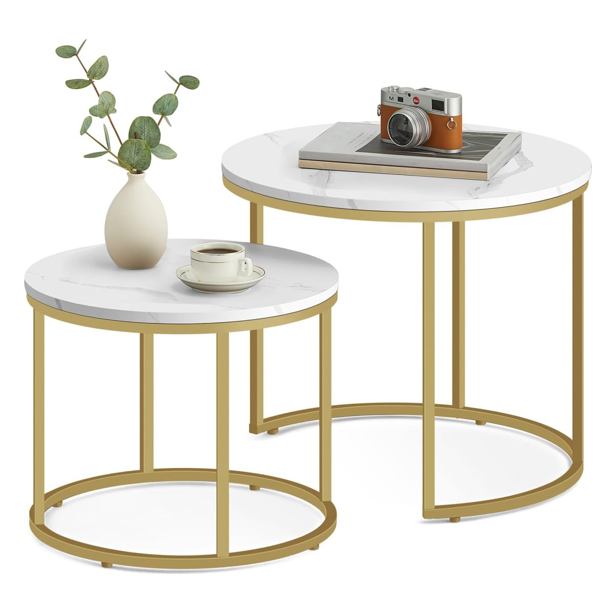 Table Basse 53/43 cm, Lot de 2 Tables gigognes Rondes Aspect marbre, piètement métallique doré, Style Industriel Peu encombrant pour Salon et Coin détente