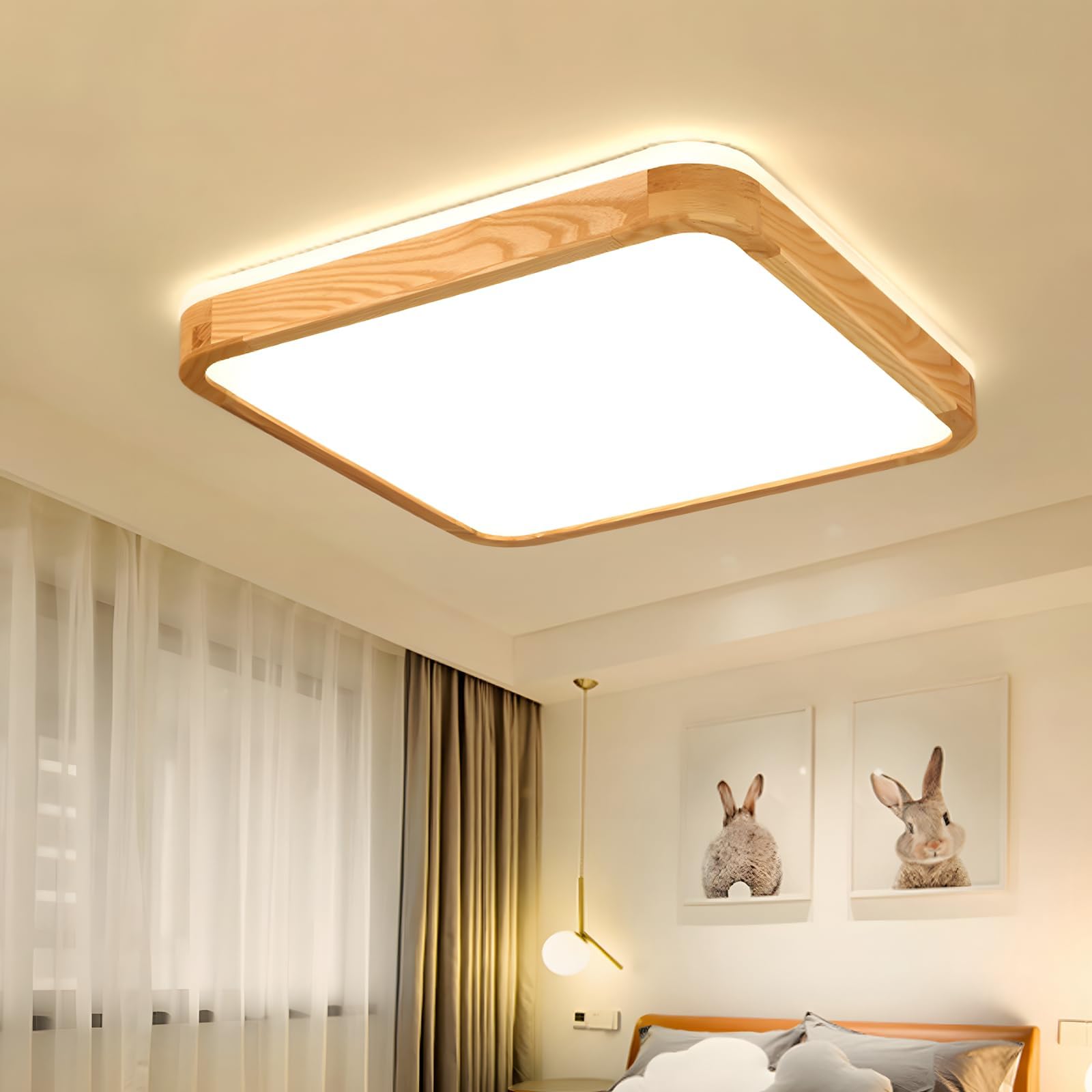 Plafoniera LED in Legno, Lampada Quadrata in Legno Naturale con Bagliore Superiore 360°| Dimmerabile con telecomando 2700K-6500K 36W| Soggiorno sala pranzo corridoio casa ufficio camera(Ø50cm)