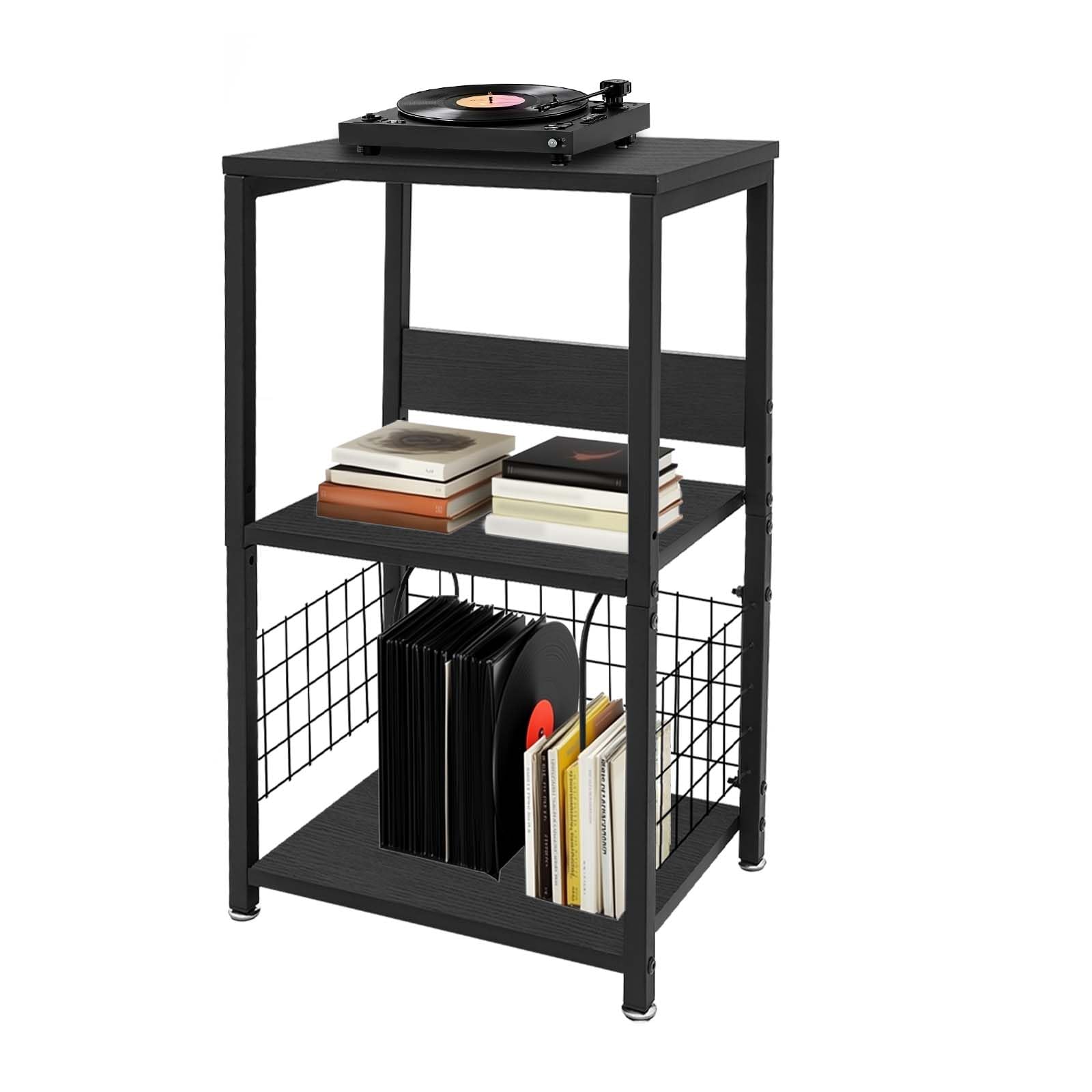 Mobile Vinile Stoccaggio a 3 livelli Ripiano Giradischi carico 45kg Struttura Ferro MDF Stabile Separatori Porta dischi Rimovibili Tavolo di Supplemento per Soggiorno Camera Ufficio