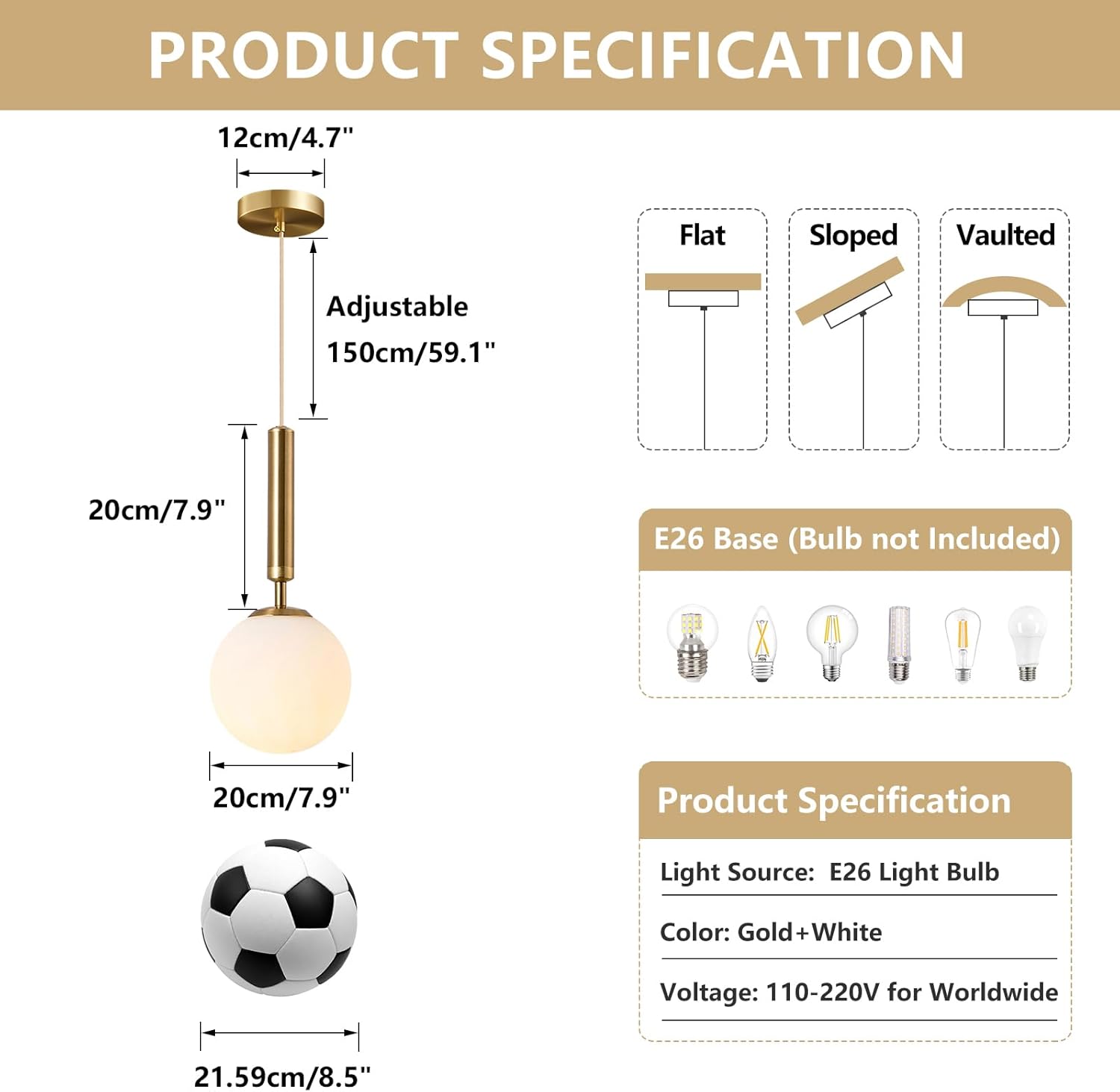 KCO Lighting Modern Globe Pendant Lights Kitchen Island Lighting White and Gold Pendant Light Single Pendant Lighting Frosted Glass Hanging Light Brass Vintage Ceiling Light Fixture