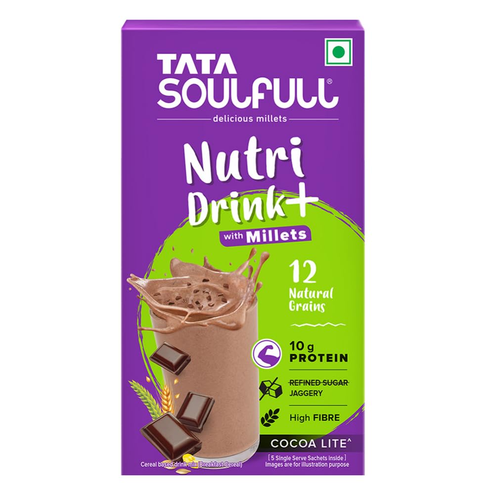 Tata Soulfull Nutri Drink+ with Millets, 12 Grains, No Added Refined Sugar & High in Fibre, Cocoa Lite, 175g