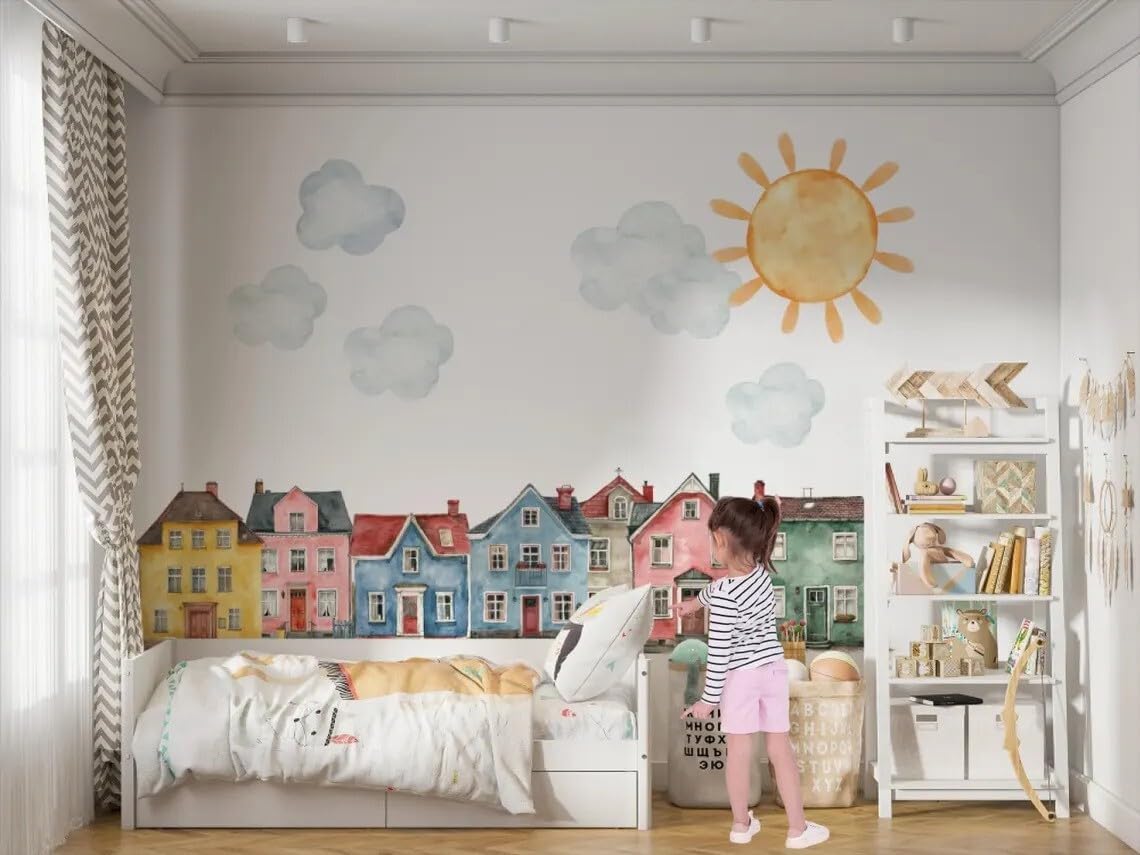 Village Wall Decal for Kids Room – Watercolor House Town Mural Peel and Stick Vinyl Wall Sticker for Nursery Playroom Toddler Bedroom Wall Decor