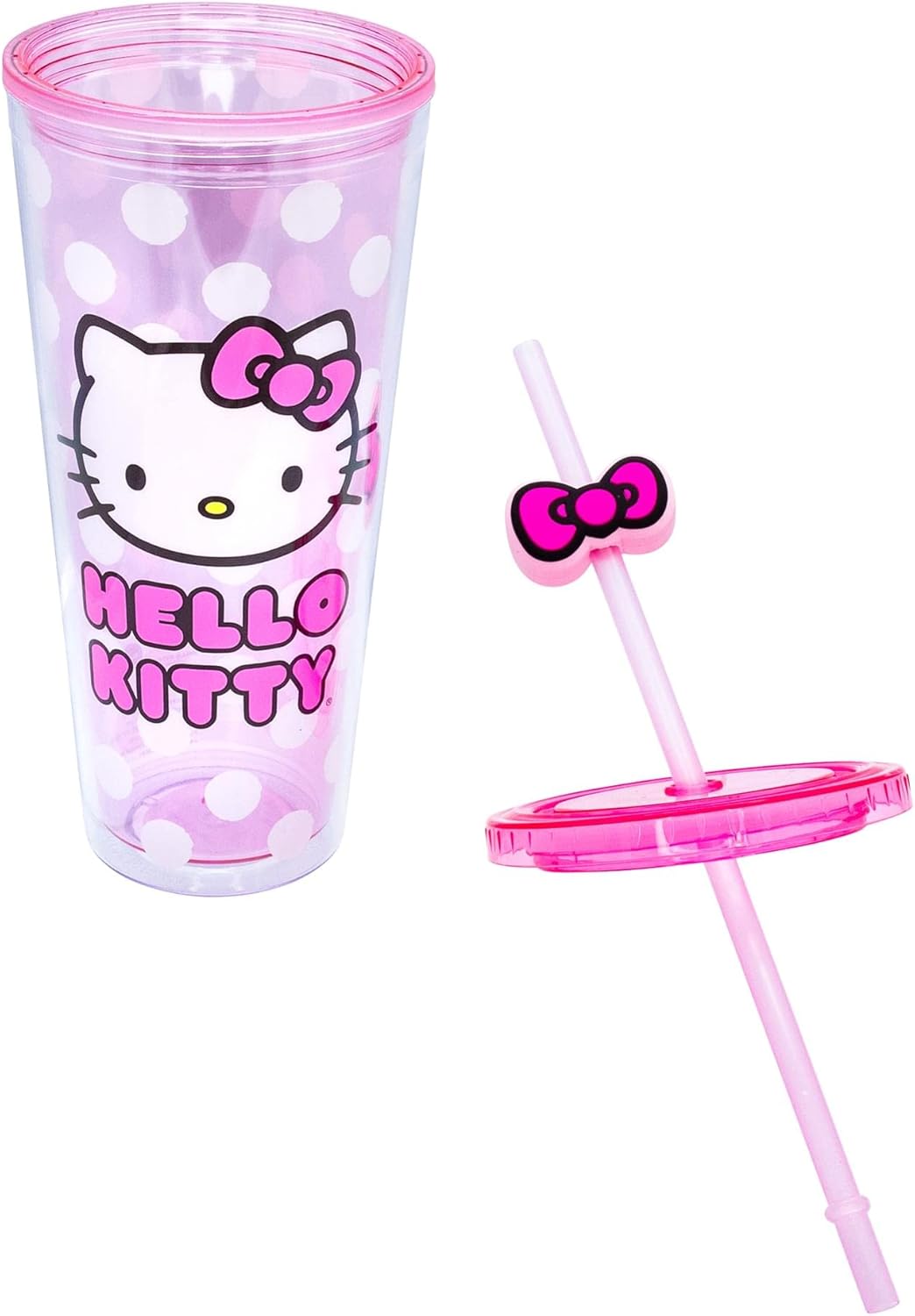 Silver Buffalo Sanrio Hello Kitty Bow Pink Polka Dots Plastic Cold Cup with Lid and Straw Topper, 24 Ounces - Image 3