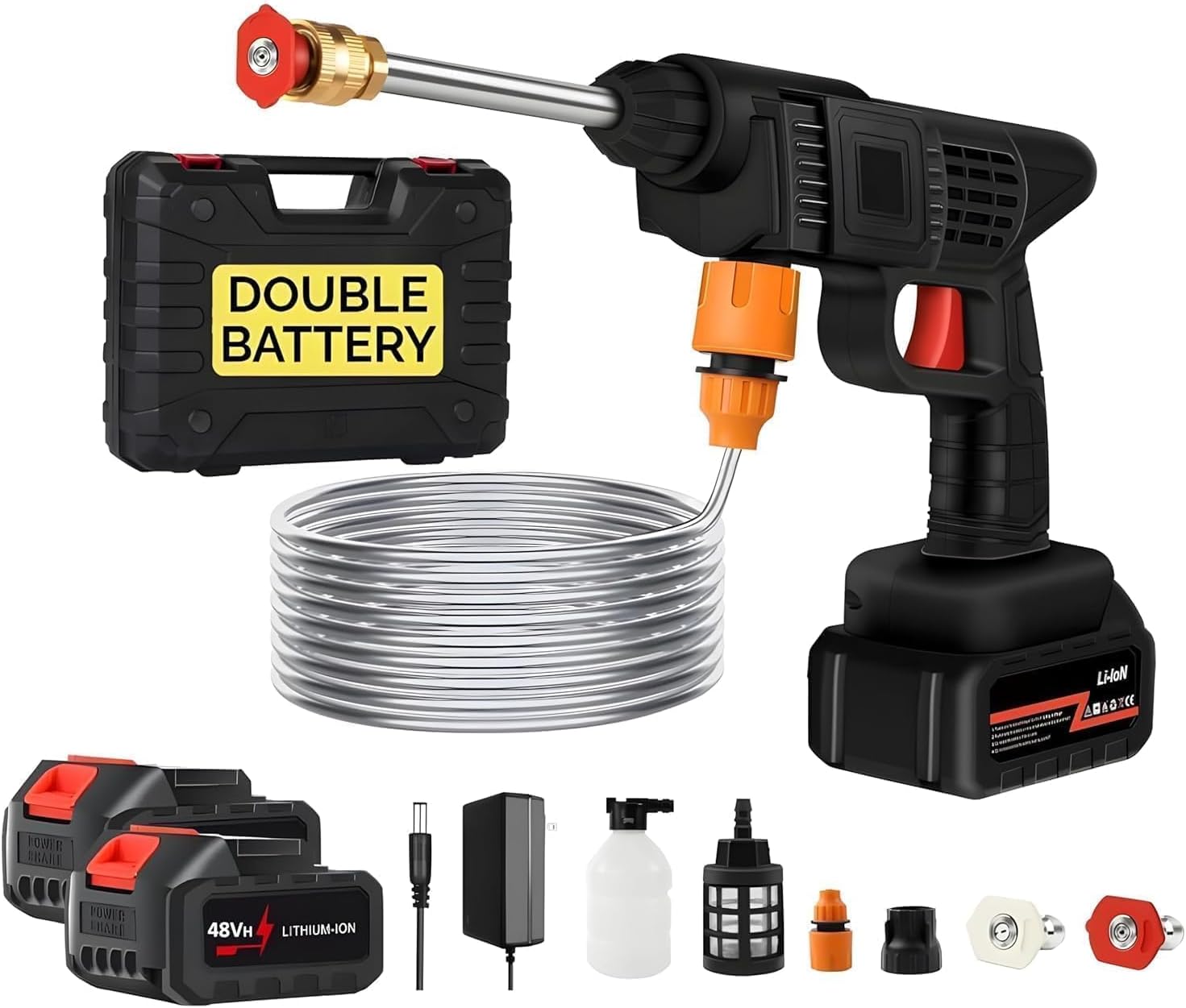 Cordless Portable Wireless Pressure Washer Gun 48V 12000mah High Pressure Water Gun for Car Wash Bike Washing Cleaning| Adjustable Nozzle and 5M Hose Pipe (Double_Battery) (CAR WASHR Gun)