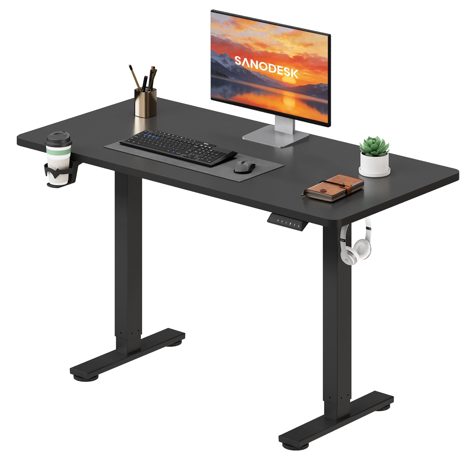 SANODESK Electric Standing Desk ONE PIECE 110 * 54 Height Adjustable Desk With Memory Smart Panel Sit Stand Table With Hooks and Cupholder for Home Office（Black Frame+ Black Desktop