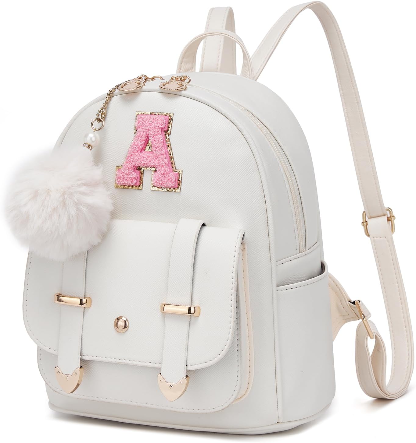 seyfocnia Initial Cute Mini Backpack, Small Backpack Purse for Women Personalized Letter Style Small Leather Backpack Pompom Back Pack Shoulder Bag for Gifts, Travel - White (Letter A)