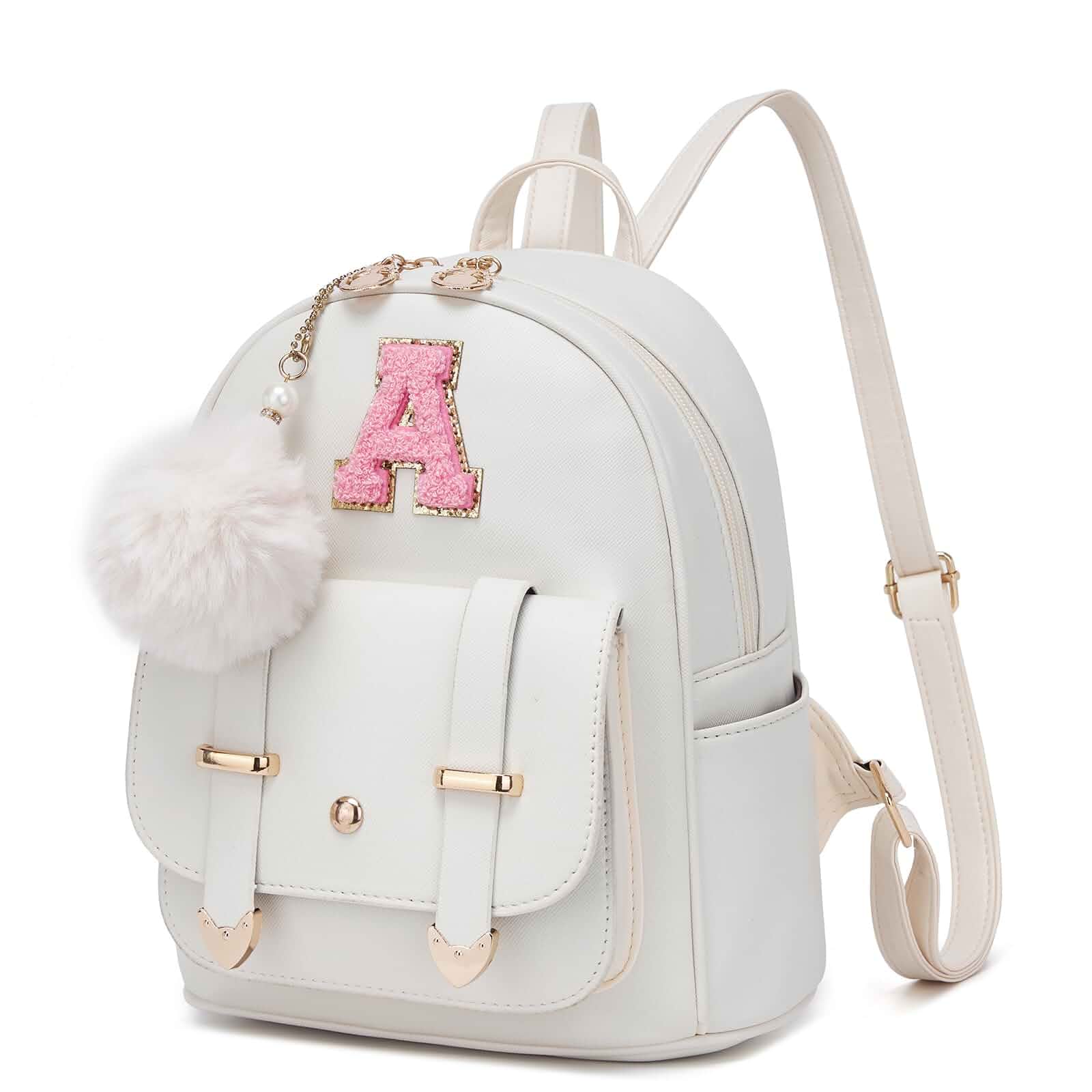seyfocniaInitial Cute Mini Backpack, Small Backpack Purse for Women Personalized Letter Style Small Leather Backpack Pompom Back Pack Shoulder Bag for Gifts, Travel - White (Letter A)