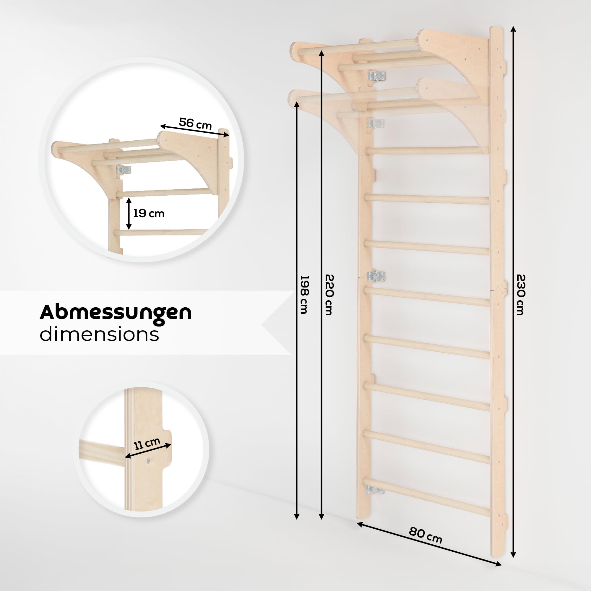 MAMOI Sprossenwand mit Klimmzugstange für Erwachsene (230 cm), Holz-Kletterwand, Multifunktionales Fitnessgerät, Kletterleiter für Erwachsene mit Option zur Personalisierung, 100% ECO, Made in EU