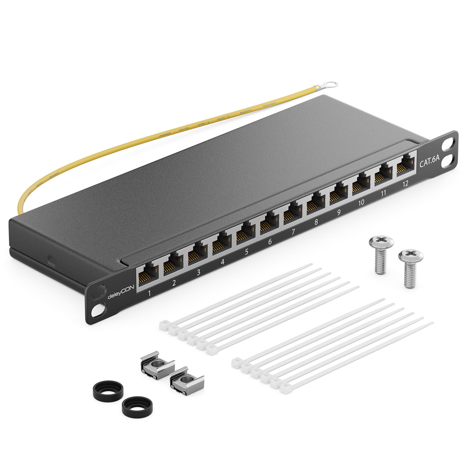 deleyCON Panel de Conexión Cat 6a 0,5U Mini 12 Puertos para Escritorio de Sobremesa de 10 Pulgadas RJ45 Blindado TIA568A TIA568B - Negro