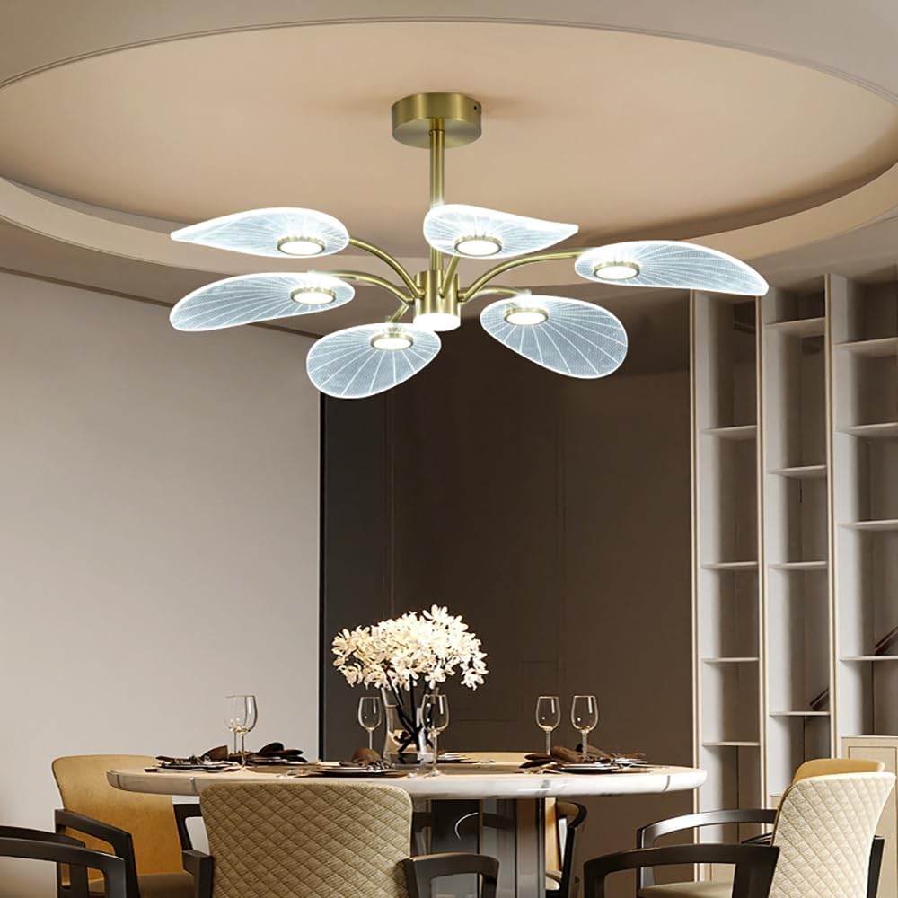 34 Inch 7 Lights LED Ceiling Light Fixture,35W Ceiling Lights Flush Mount Chandelier Gold Indoor Lighting for Living Room,Bedroom,3000K-6000K Adjustable Leaf Shape Close to Ceiling Light