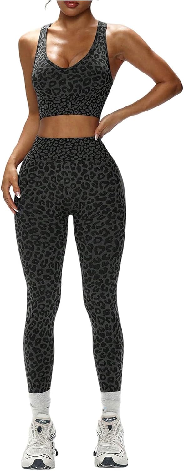 Verdusa Women's 2 Piece Leopard Print Gym Tracksuits Criss Cross Cut Out Sports Bra with Yoga Leggings