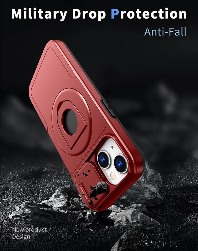 Image of LuxuryKase MagSafe Shockproof Rugged Back Case for iPhone 15 | Finger Ring Kickstand & Sliding Camera Cover | Military Drop Protection | Wireless Charging Support - Red