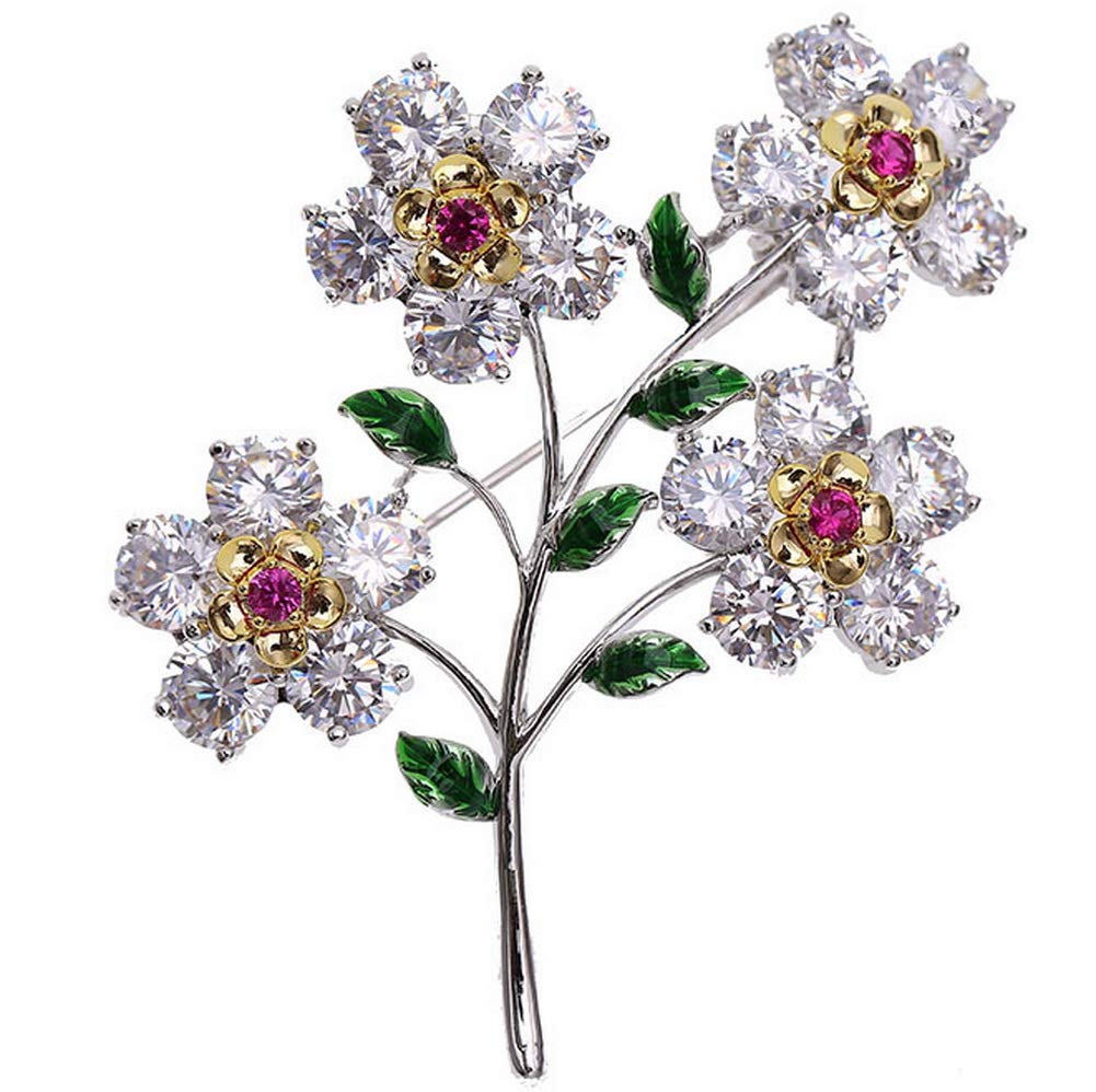 Newvision1981Sweet Brooches for Women Fashion Four Shining Flower Rhinestone Pin Silver, Large
