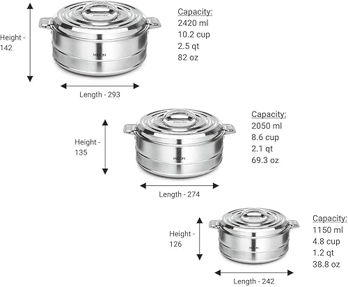 Miniatura 2 de Milton Fortuner - Juego de 3 cazuelas aisladas de acero inoxidable térmico para mantener calientefrío, 1.0L1.5L2.5L (plateado) (juego de 3 piezas)