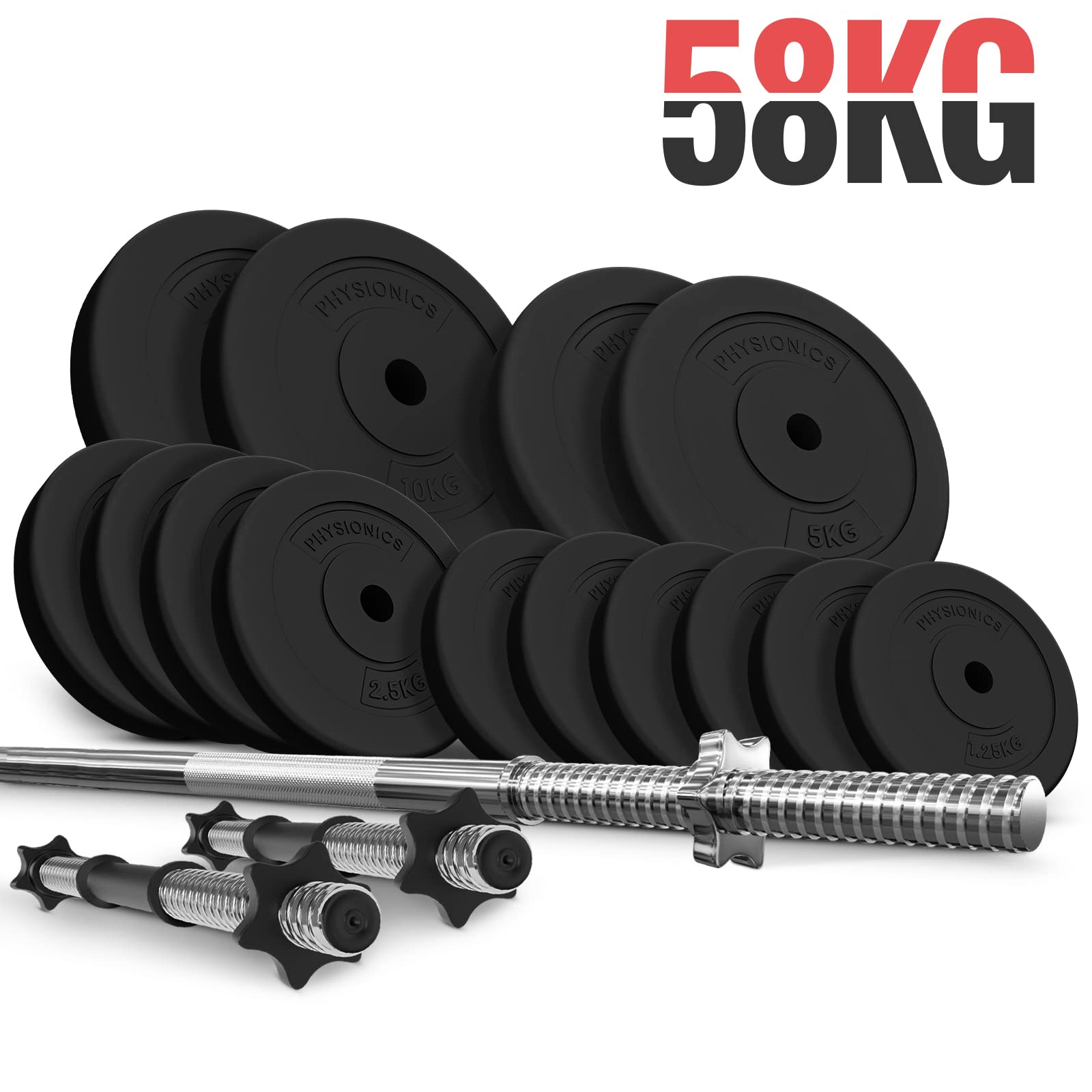 Physionics® zestaw hantli 38/58/78/108 kg, długie hantle (165 cm, Ø 30 mm, zapięcia gwiazdowe, do 500 kg), 2 krótkie hantle (1,5 kg, regulowane), ciężarki – sztanga długa, krótka sztanga