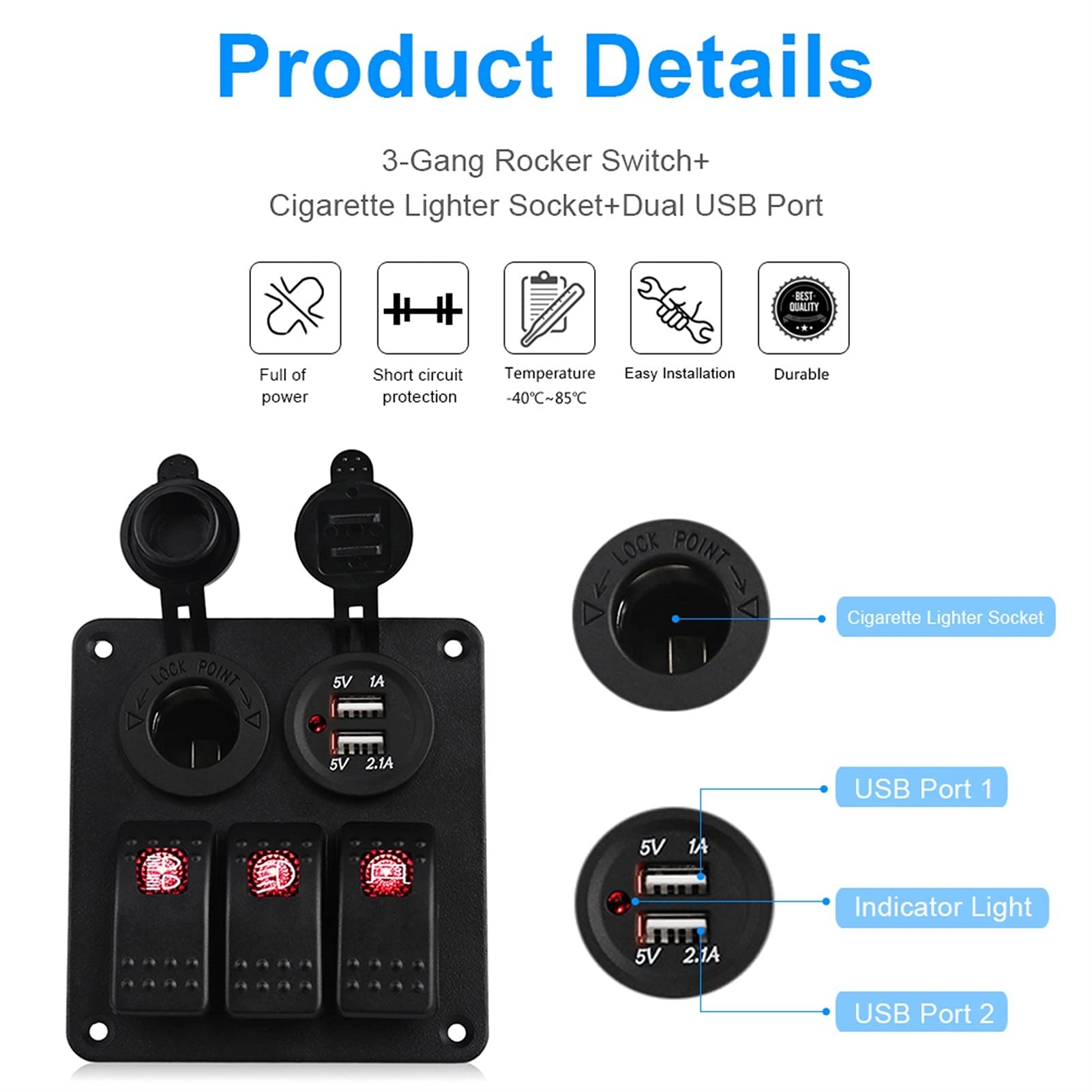 Panel de interruptores basculantes for motocicleta y coche, 3 unidades, con cargador doble, encendido apagado, resistente al agua, for panel marinos for barco, automático, 12 V 24