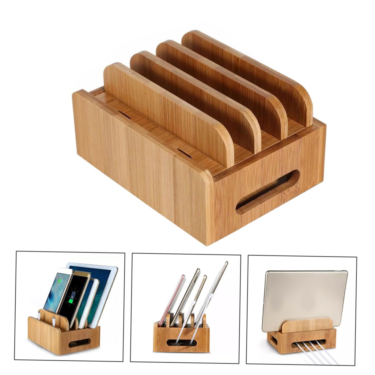 Supporto da Scrivania in Legno per Telefono e Tablet Beige | Base di Ricarica Usb, Coperchio Rimovibile, Organizzazione Domestica e Carica Simultanea