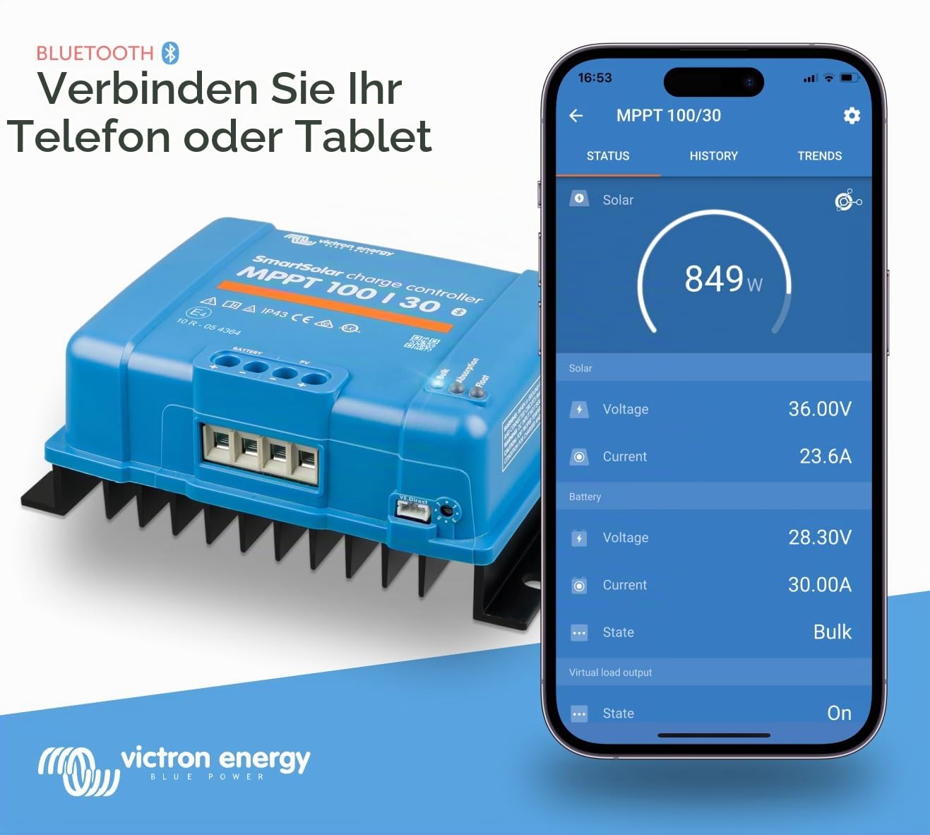 Victron Energy SmartSolar MPPT 100V 30 Amp 12/24-Volt Solar Laderegler (Bluetooth) & enjoy solar 4mm² Profi-Verbindungskabel Solarmodul zu Solarladeregler Anschlusskabel 3m