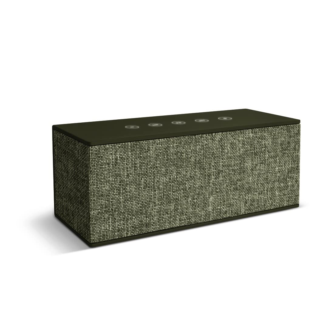 Fresh 'n Rebel Rockbox Brick XL Bluetooth speaker on a wooden table with two people in the background.