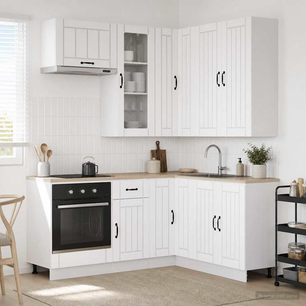 Lucca Meuble de cuisine 8 pièces en bois blanc avec armoire basse, armoire suspendue, armoire haute et armoire pharmacie, beaucoup d'espace de rangement, tiroir, étagère, porte, plan de