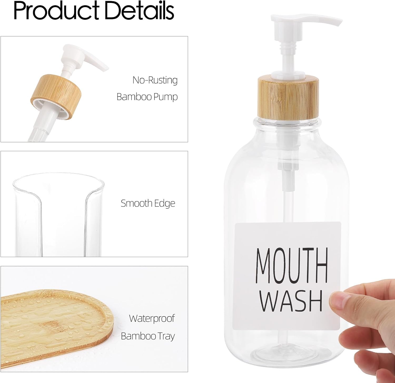 Mouthwash Dispenser with Cup Holder, Plastic Mouth Wash Pump Bottle with Tray for Bathroom Organizers, 17oz Refillable Clear Mouthwash Container - Bamboo - Image 2