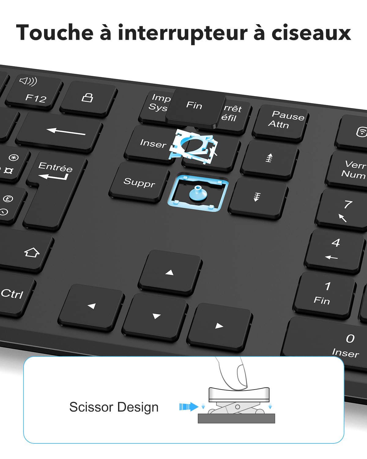 OMOTON Clavier sans Fil Bluetooth + 2.4G AZERTY pour PC/Windows/Mac, Noir | 3 Canaux Multi-appareils, Pleine Taille, Rechargeable, Ultra-Mince, Connexion Stable, Silencieux, Les ciseaux, Ergonomique