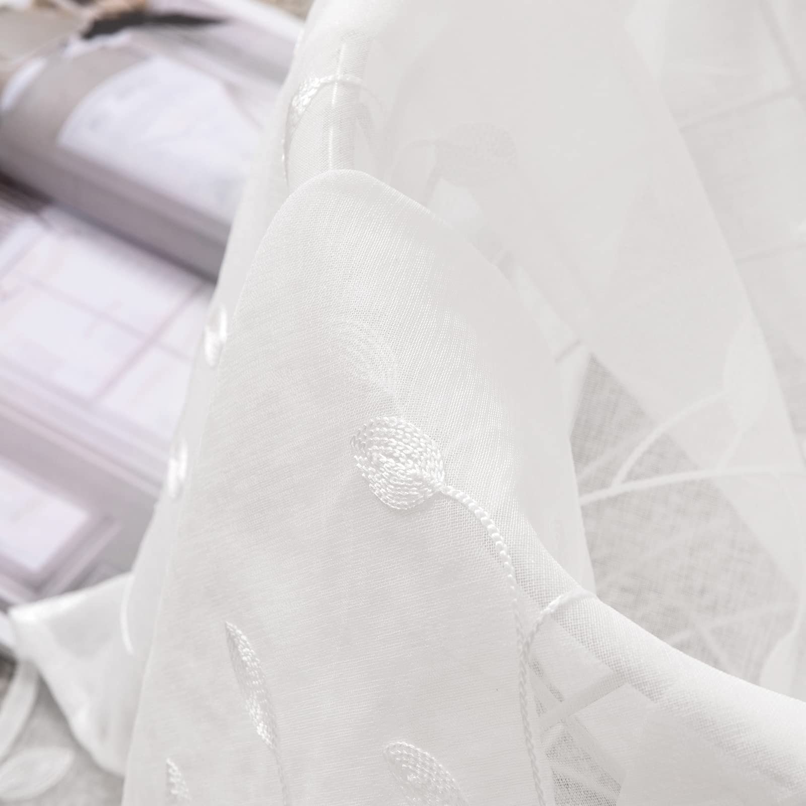 MIULEE Voile Tenda Finestra con Occhielli Tenda a Pannello Tende a Vela Trasparente per Soggiorno e Camera da Letto 2 Pezzo Set 140X260 cm Foglie Bianco