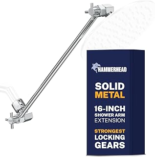 HammerHead Showers® Solid Metal 16 Inch Long Adjustable Shower Arm — Feat. Shark Teeth, The Strongest Locking Joints of Any Shower Head Extension Arm — Raises Showerhead Height — Chrome
