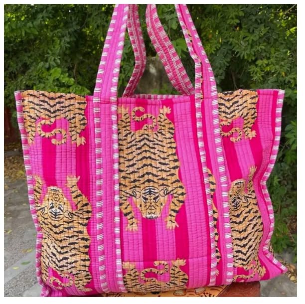 Image of YILLE Cotton Quilted Floral & Tiger Print Tote Bag, 18 x 18 inches For Grocery Shopping, Travel