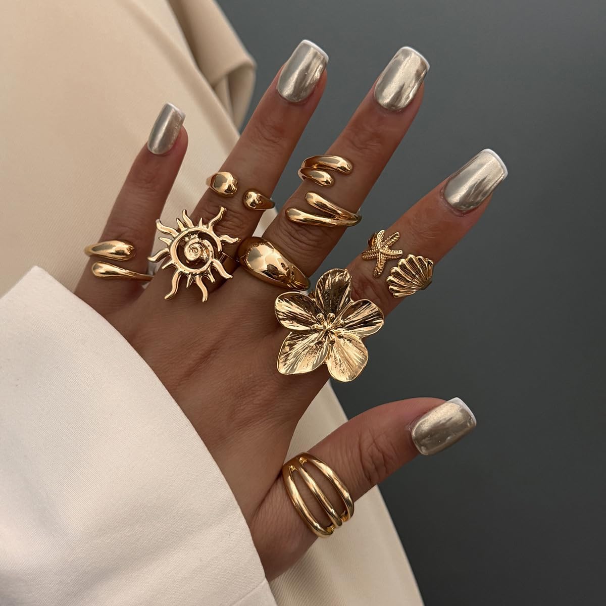 Gold Stackable Rings Set for Women Non Tarnish Chunky Rings 8PCS Knuckle Joint Finger Knuckle Nail Ring Sets Adjustable Open Ring Cute Trendy Jewelry for Gift - Image 2