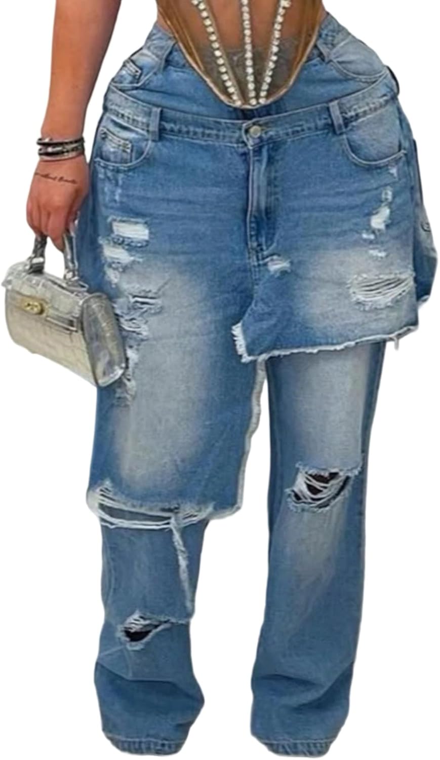 NRTHYE Womens Baggy Ripped Jeans Casual High Waisted Wide Leg Patchwork Tear Boyfriend Street Denim Pants with Pockets