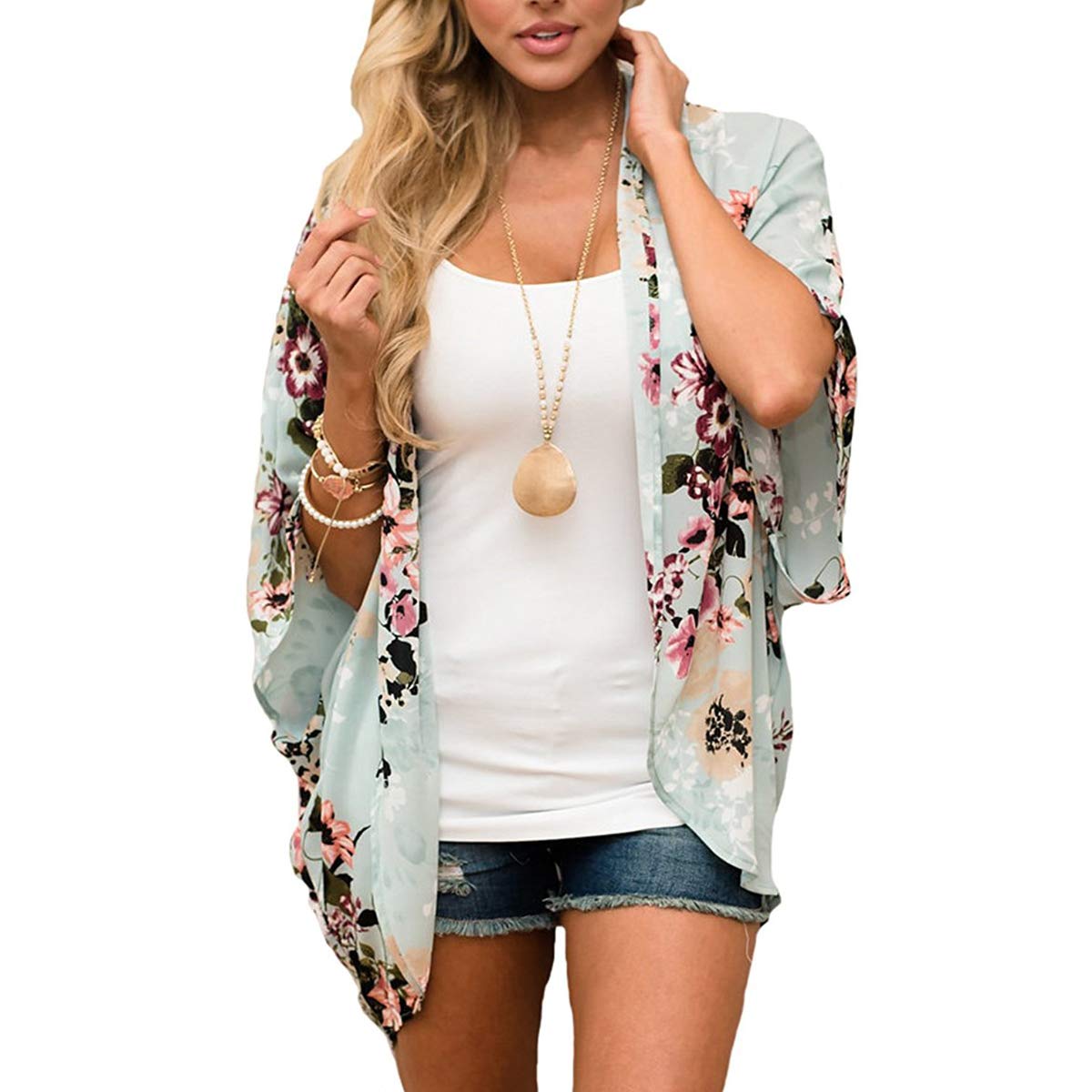 ECOMBOSWomen Floral Kimono Cardigan – Boho Chiffon Cardigan Open Front Summer Kimono Tops Casual Loose Blouse Beach Kimono Shawl Swimsuit Bikini Cover Up