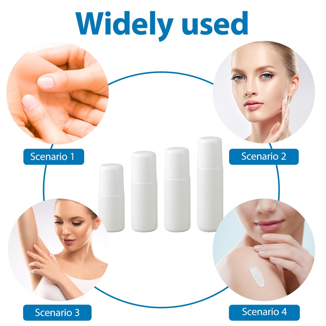 4 envases roll on rellenable, fáciles de aplicar y retirar (30/50/60/80 ml)