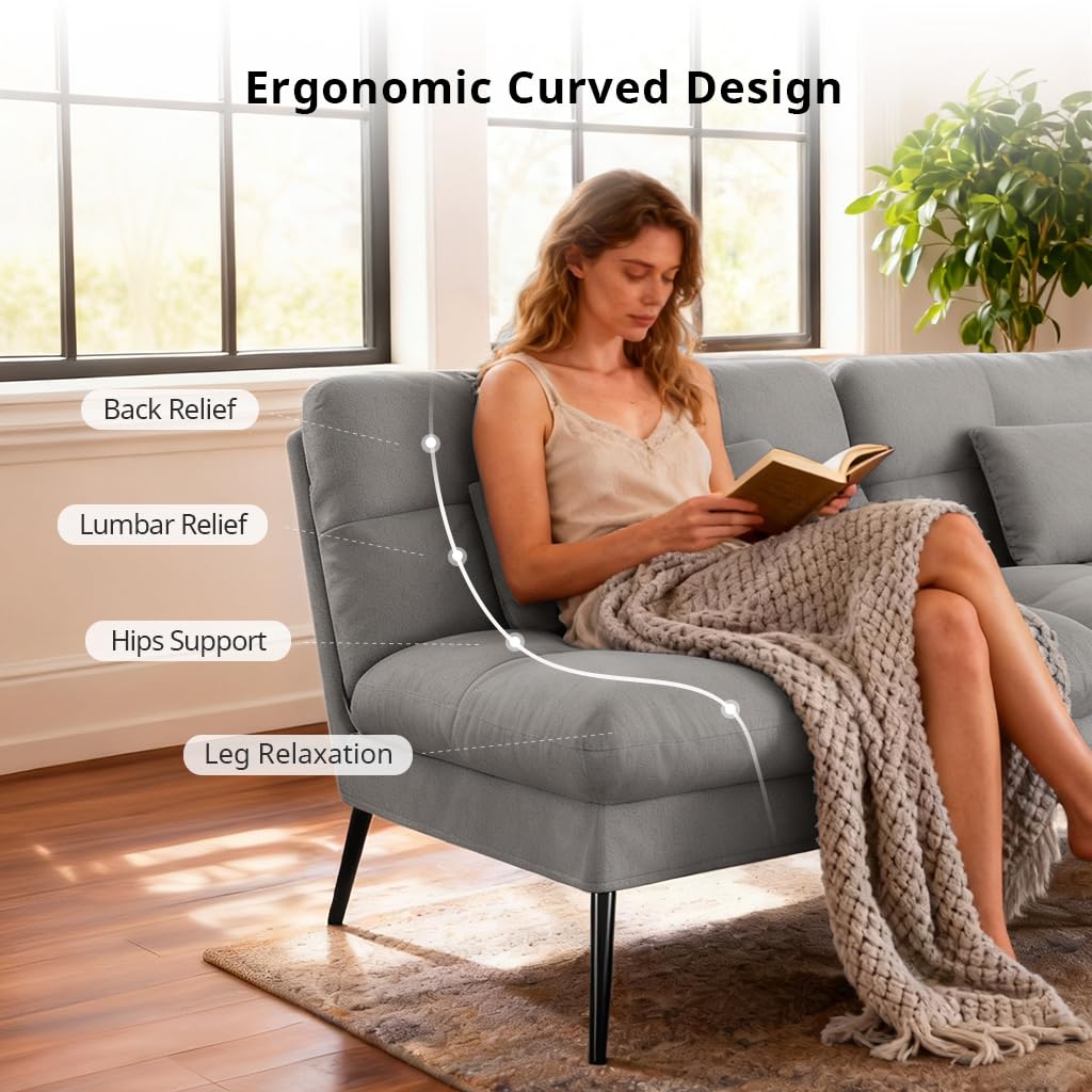 COMHOMA 72″ Convertible Futon Sofa Bed, Adjustable Backrest, Grey | Breathable Fabric Futon Couch with Pillows,Multi-angle Ergonomic Reclining,Space-saving Sleeper Sofa for Living Room