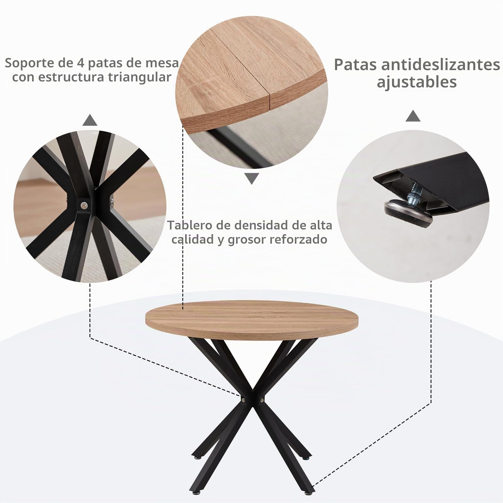 GrandCA HOME Conjunto de Mesa y Sillas de Comedor, Mesa Redonda de 100 cm y 4 Sillas de Terciopelo Nórdico, Ideal para Salón, Comedor y Cocina (Veta de Madera Clara + Negro)