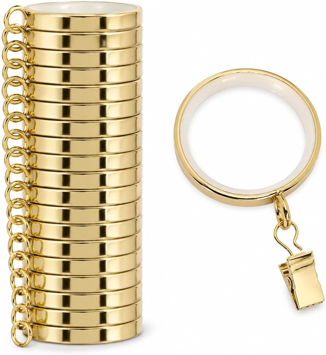 20 Pack Curtain Rings with Clips, 2 Inch Metal Drapery Rings with Silent Nylon Inserts, Heavy Duty Easy Glide Curtain Clip Rings, 1-5/8 Inch Inner Diameter, Fits 1 to 1.25 Inch Rods, Gold