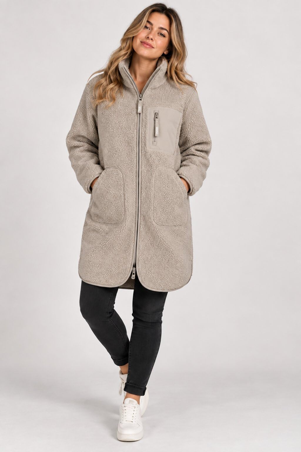 Sublevel Damen Teddy Fleece Mantel Lang – Kuschelige Teddyjacke mit Stehkragen, 2-Wege-Reißverschluss & Taschen – Fleecemantel für Herbst Winter
