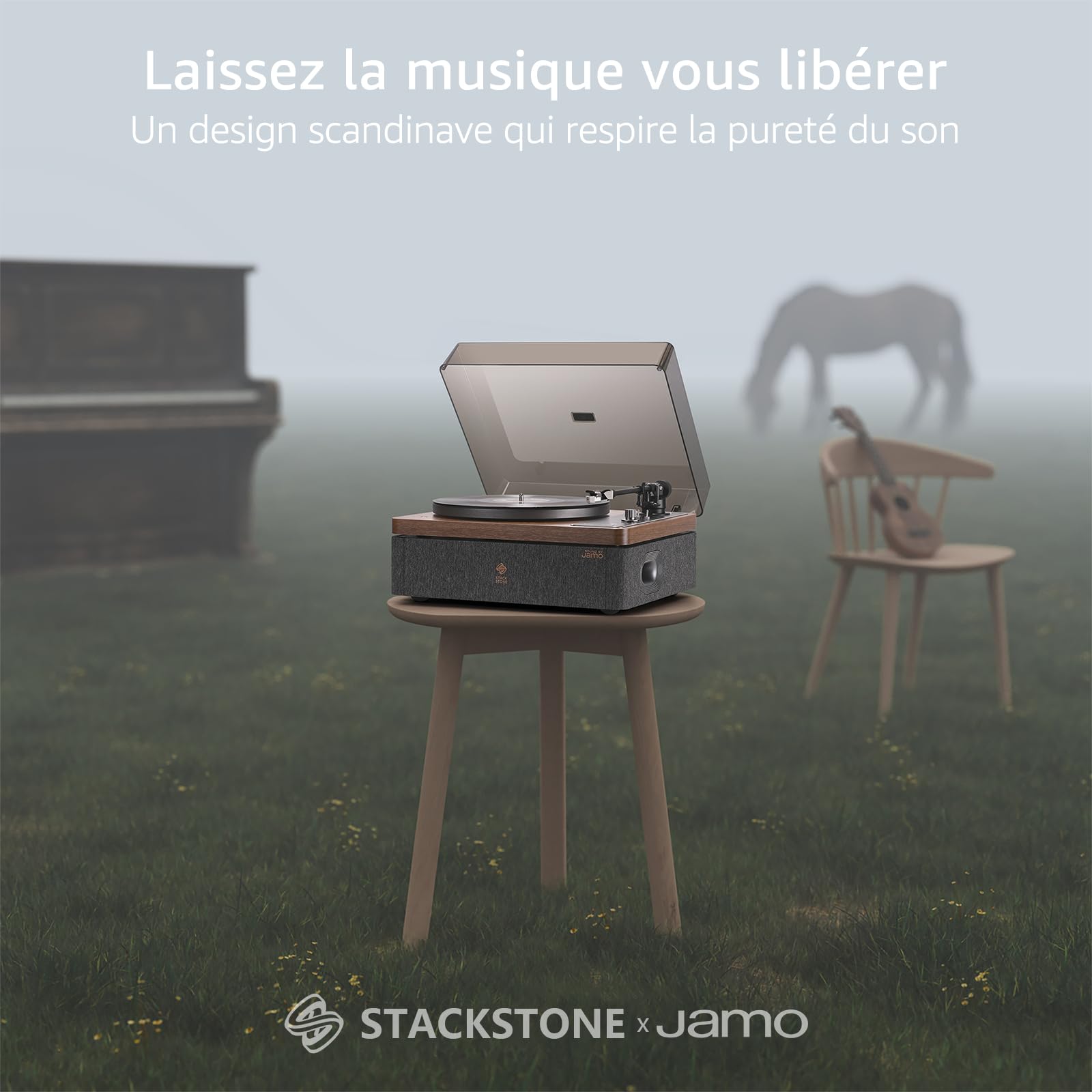 STACKSTONE x JAMO DS07 Platine Vinyle Bluetooth 5.2 avec Haut-Parleurs Intégrés, Suspension Anti-Vibration Double, Cellule AT3600L, Son Hi-FI, 33/45 Tours, Design Scandinave, Noir
