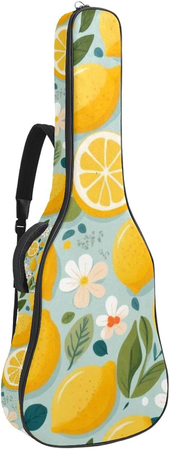 Acoustic Guitar Bag 0.4 Inch Thick Padding Waterproof Guitar Case Gig Bag for 40 41 42 Inch Electric Bass Classical Guitar, Lemon Fruits with Flowers