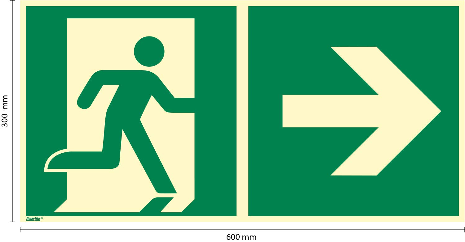 Notausgang Schild rechts 600 x 300 mm – Hart-PVC 2 mm, glänzend, langnachleuchtend 55/8 mcd DIN 67510 Leuchtklasse B gemäß ASR A1.3 / ISO 7010 E002 – Rettungszeichen Sicherheitszeichen