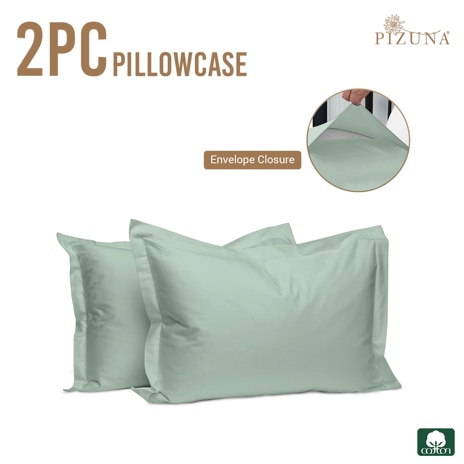 Pizuna Luxurious Cotton Housewife Pillowcases 2 Pack Seafoam Sage 48x74cm - Image 2